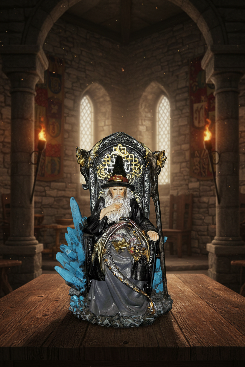 Merlin the Wizard with Dragon Resin Figurine - Mystical Home Decor on a wooden table in a medieval castle setting.