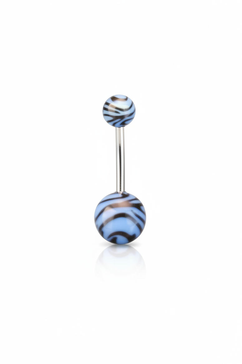 Blue Tiger Striped acrylic belly button ring in 316l stainless steel