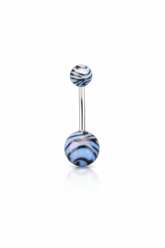 Blue Tiger Striped acrylic belly button ring in 316l stainless steel