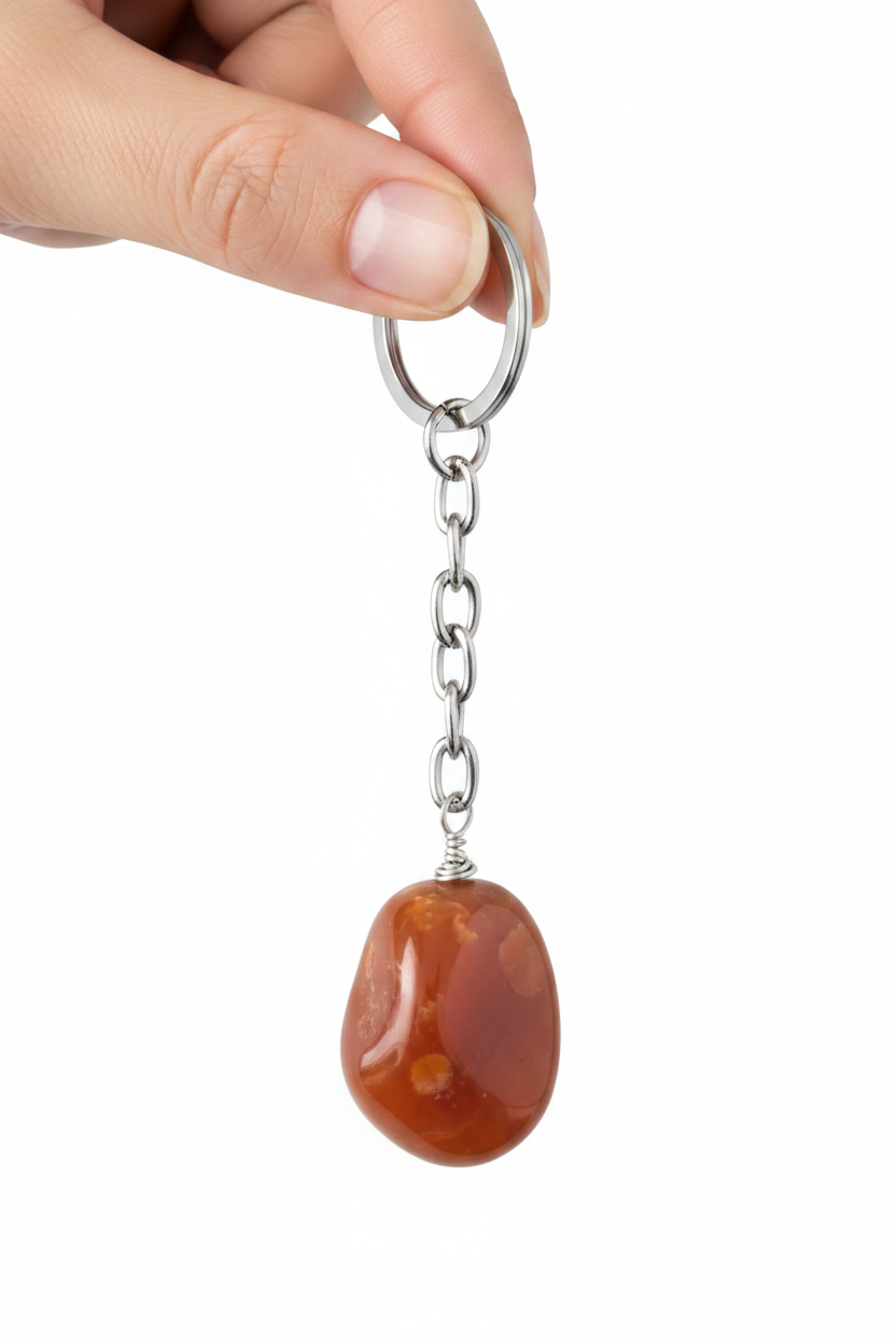 Carnelian Natural Earth Stone Handmade Steel Plated Keychain held by a hand showing scale.