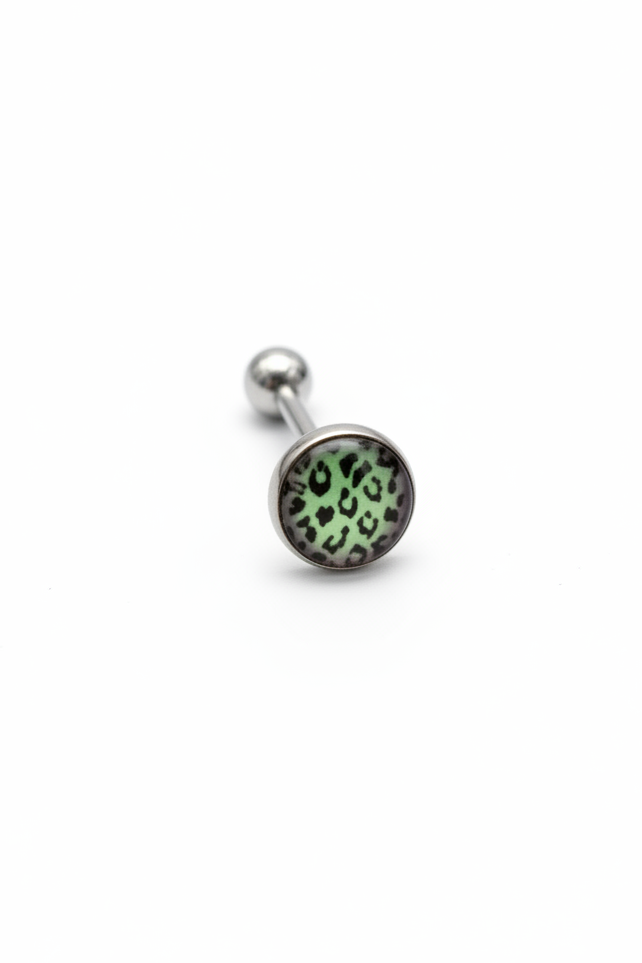 Aqua Leopard Print tongue barbell in 316l stainless steel