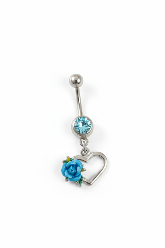 Aqua Crystal Rose Heart Belly Button Ring in 316l stainless steel close up detail.
