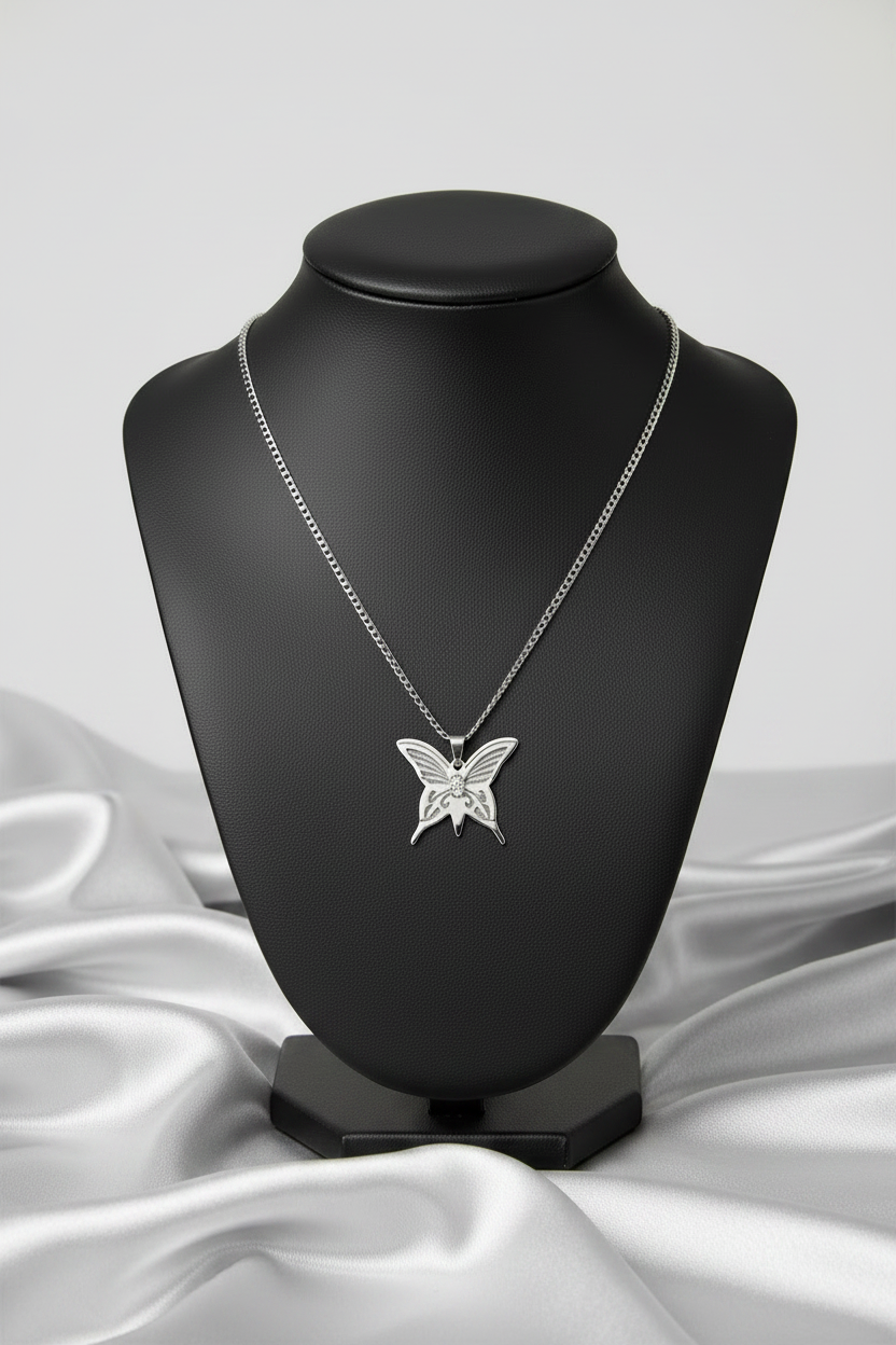 Butterfly Steel Chain Necklace in 316l stainless steel on a black bust.