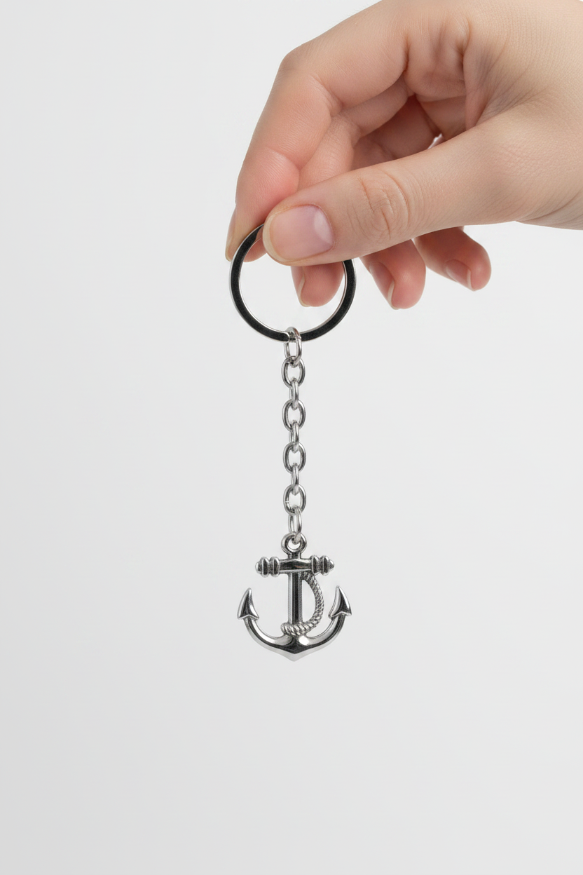 Anchor Handmade Silver Plated Charm Keychain held by a hand showing scale.