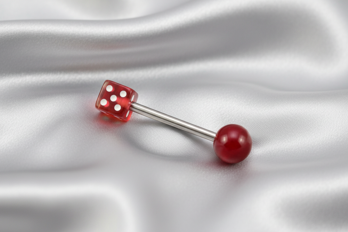 Red Dice tongue barbell in 316l stainless steel