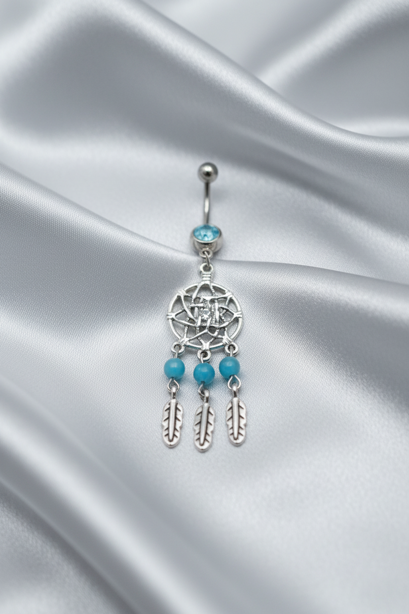 Aqua Crystal Dream Catcher Belly Button Ring in 316l stainless steel.