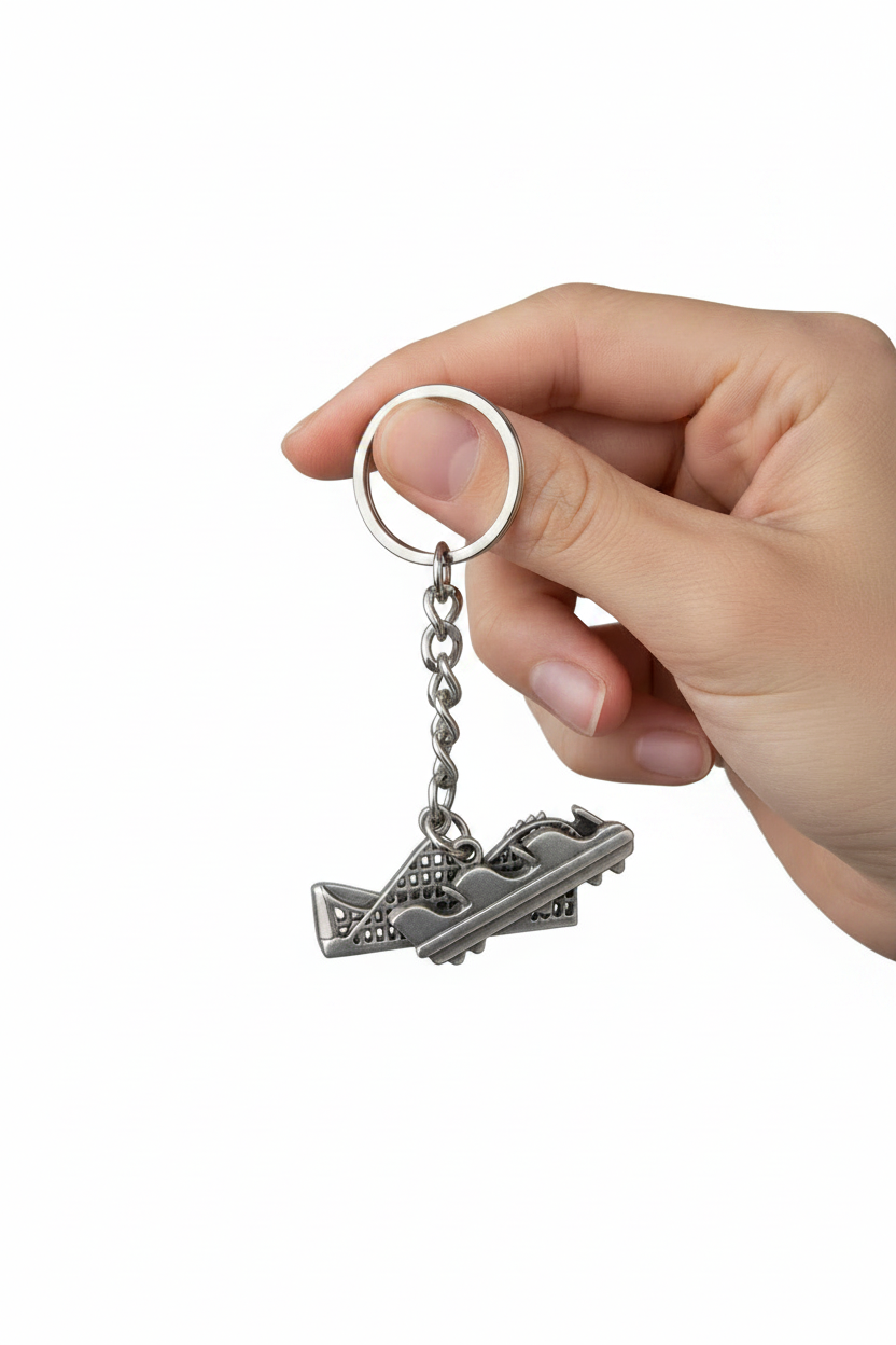 Rollercoaster Ride Handmade Pewter Charm Keychain held by a hand showing scale.