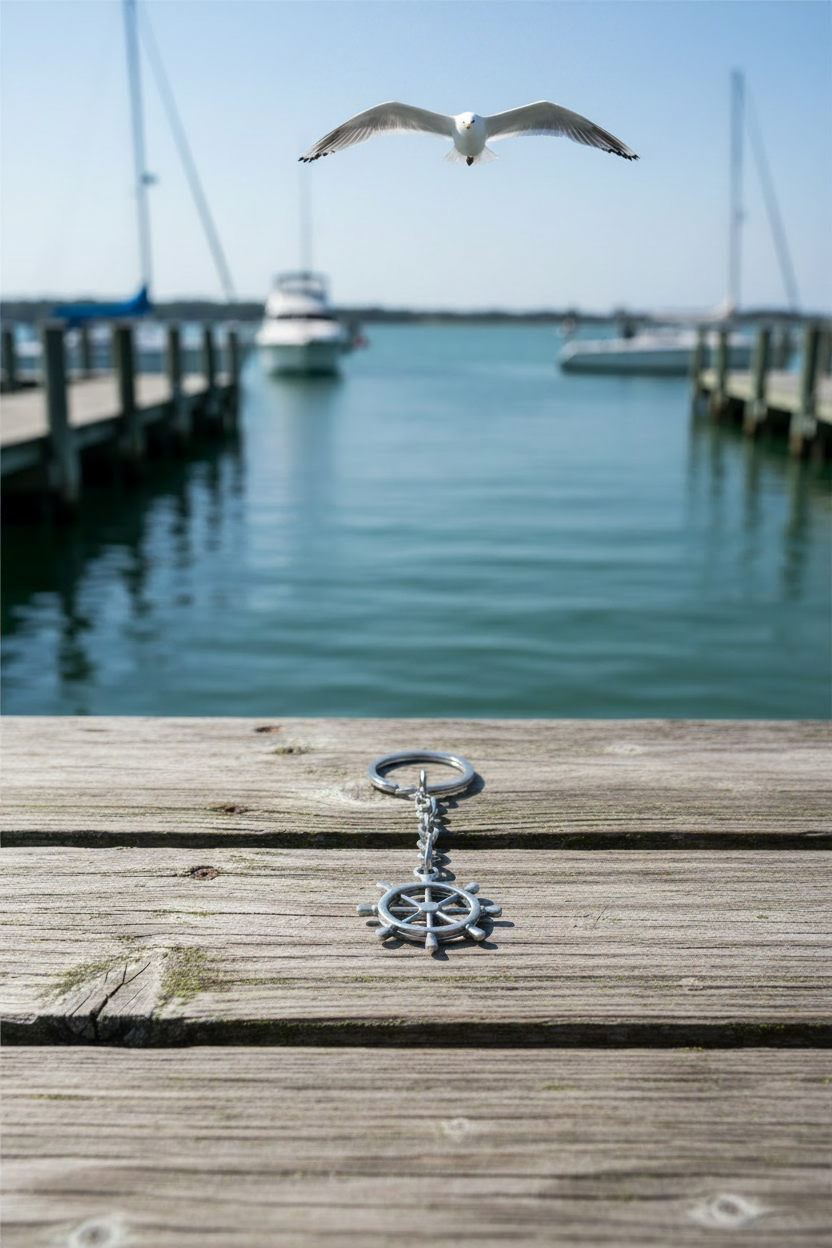 Ship Wheel Handmade Silver Plated Charm Keychain placed on a wooden dock with sail boats off in the distance and a sea gull flying towards the dock.