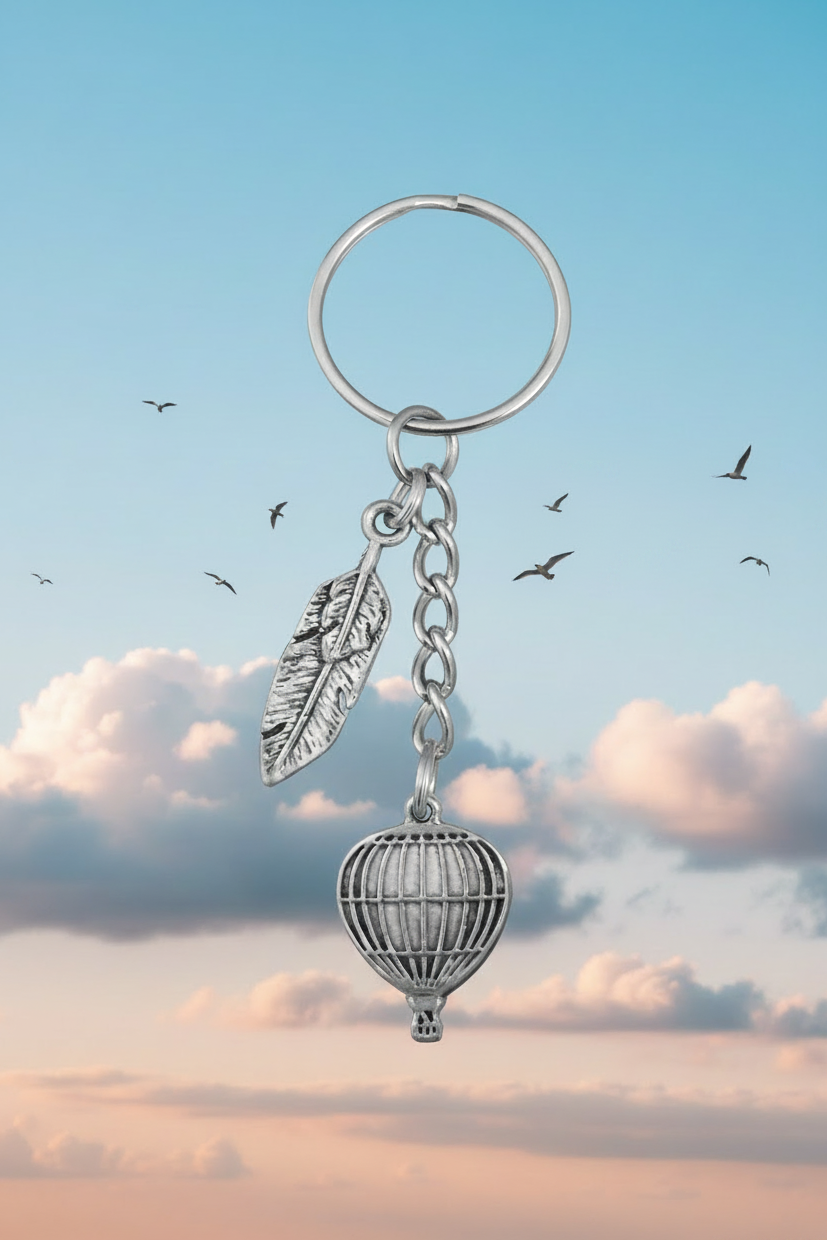 Hot Air Balloon and Feather Handmade Pewter Charm Keychain in a blue sky with fluffy clouds and flying bids.