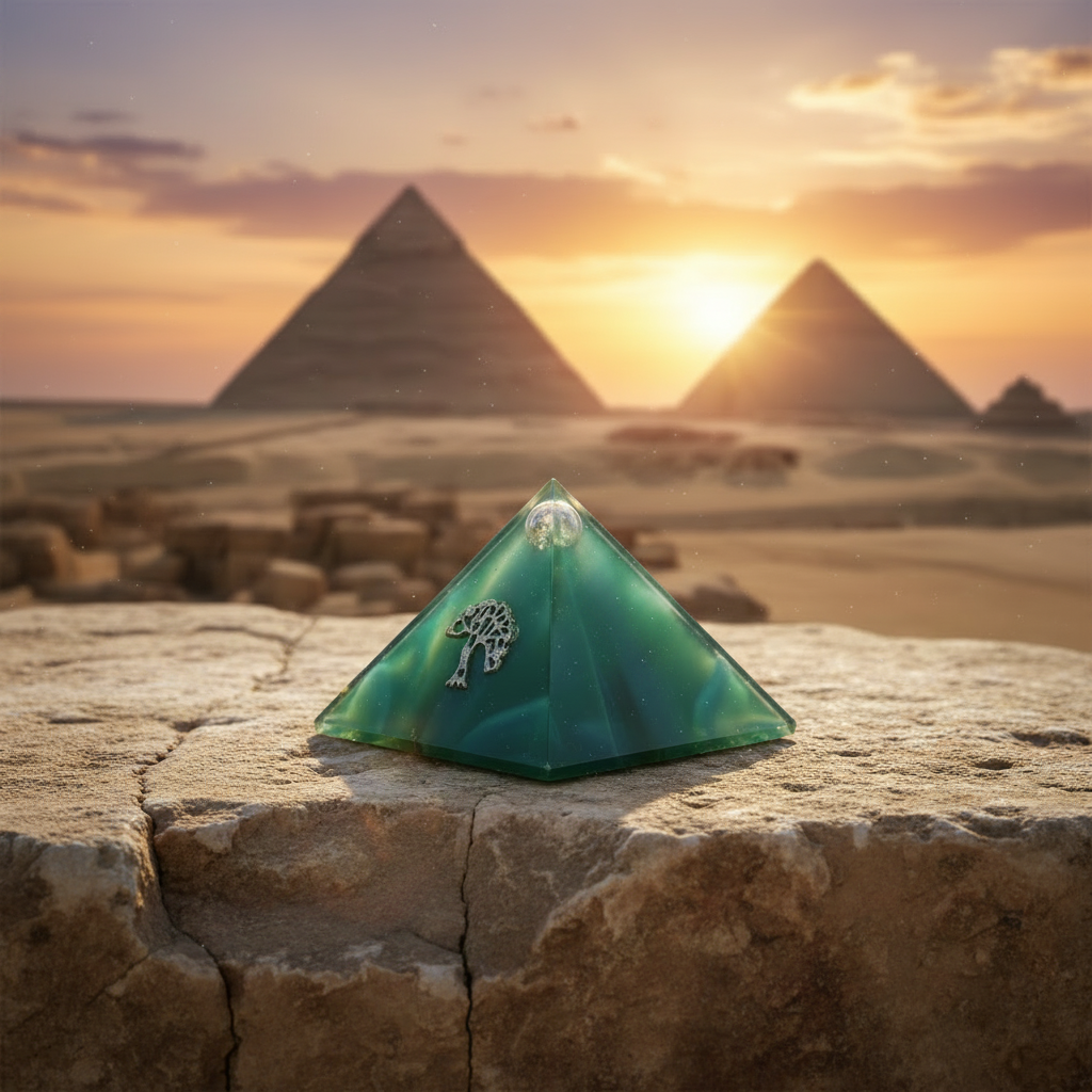 Green Tree of Life Mini Glass Pyramid Keepsake Box on a stone surface with Giza plateau in the background.