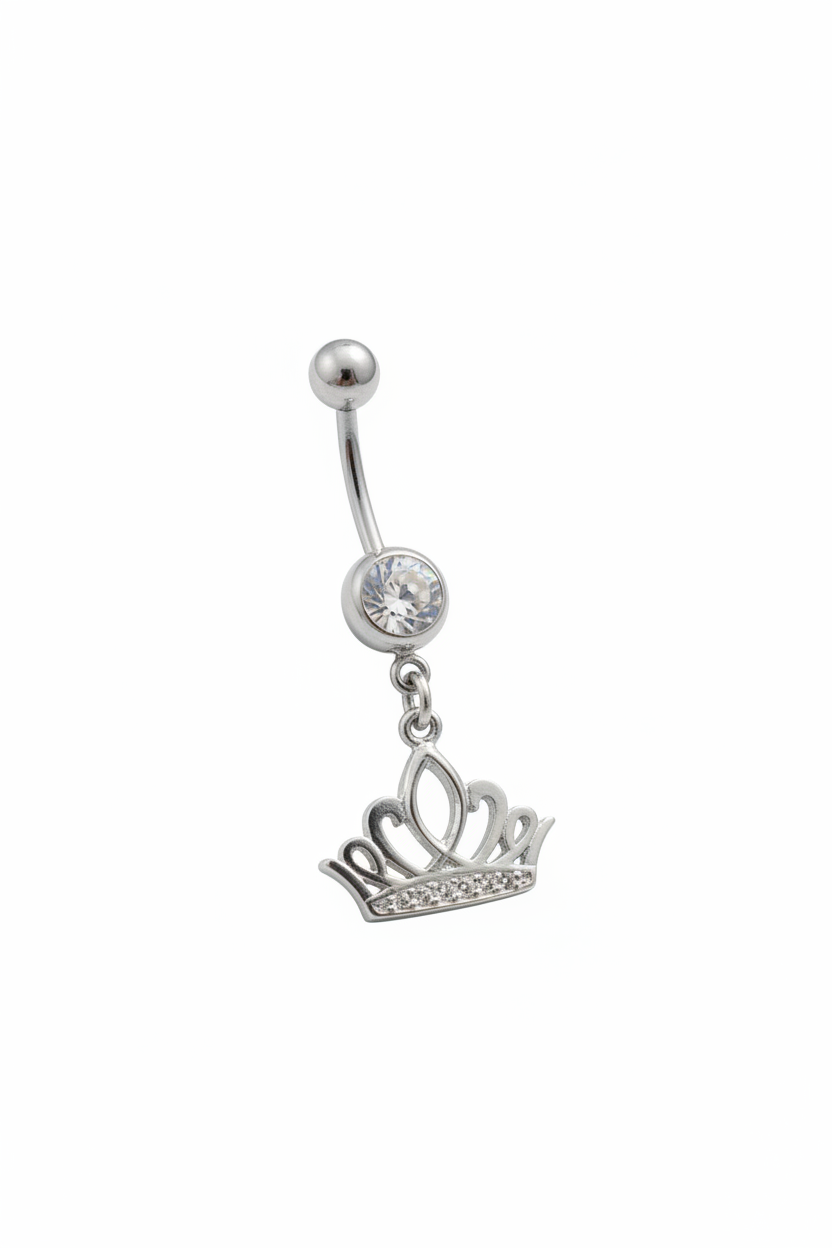 Clear Crystal Crown Belly Button Ring in 316l stainless steel angled right.