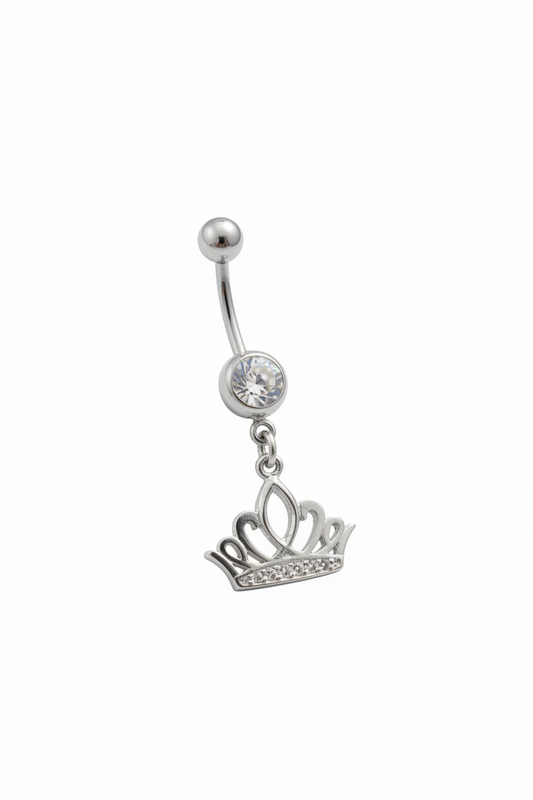 Clear Crystal Crown Belly Button Ring in 316l stainless steel angled right.