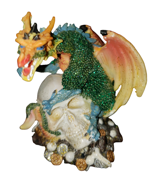 Dragon on Skull Head Green Figurine