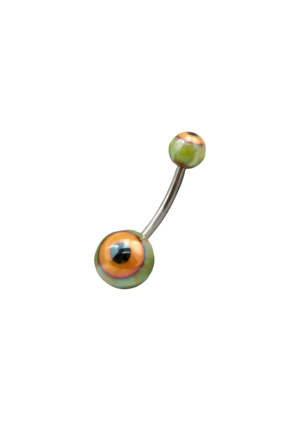 Green Acrylic Eyeball Belly Button Ring in 316l stainless steel close up detail.