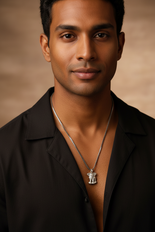 Pewter Elephant Steel Chain Necklace in 316l stainless steel on a male model.