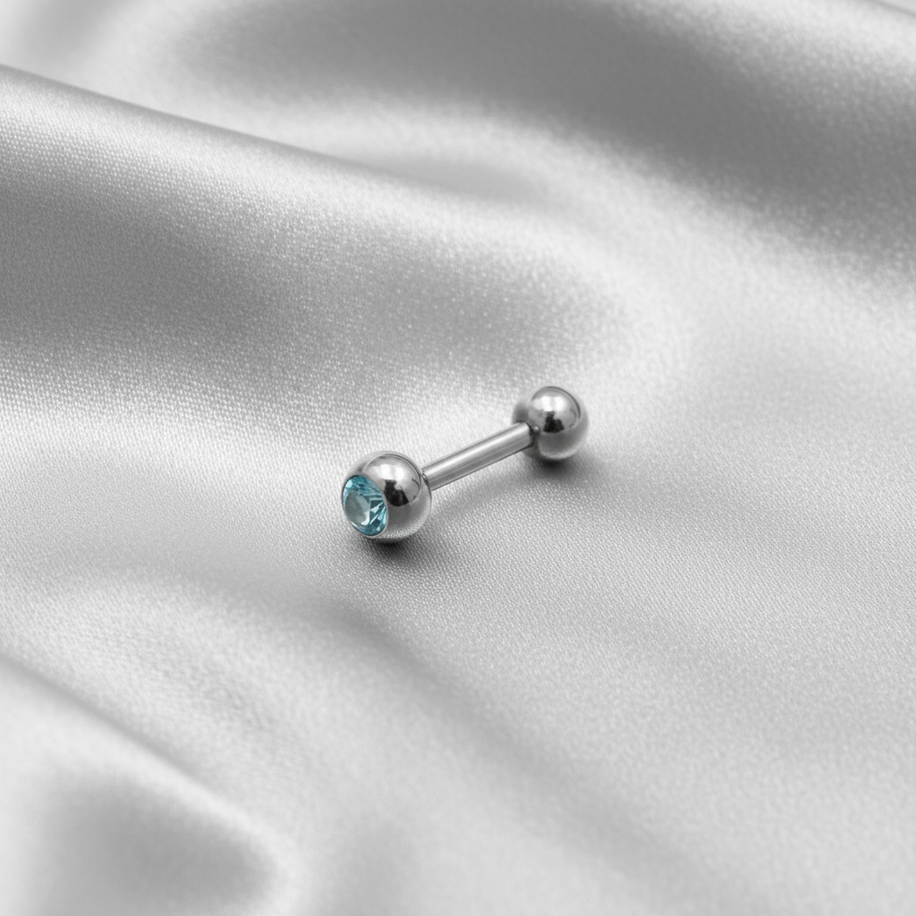 Aqua Sparkle Crystal tongue barbell in 316l stainless steel 