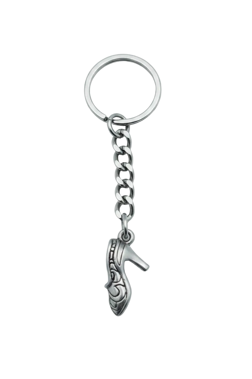 High Heel Shoe Handmade Silver Plated Charm Keychain on a white background.