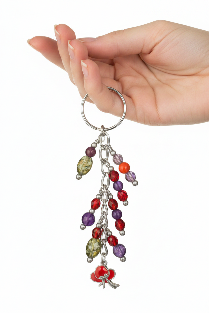 Little Red Enamel Hat Handmade Beaded Keychain held by a hand showing scale.