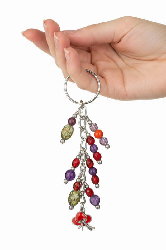 Little Red Enamel Hat Handmade Beaded Keychain held by a hand showing scale.