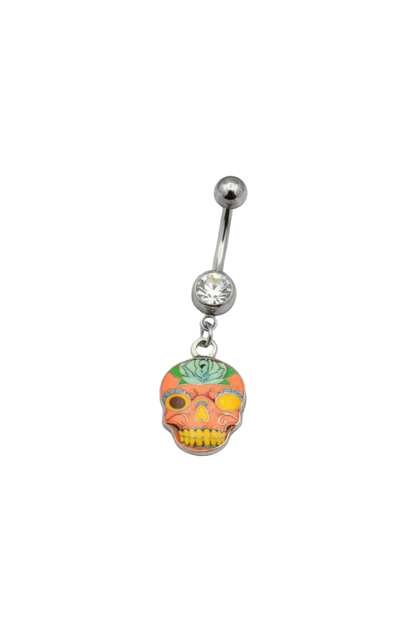 Clear Crystal Floral Sugar Skull Belly Button Ring in 316l stainless steel front facing.