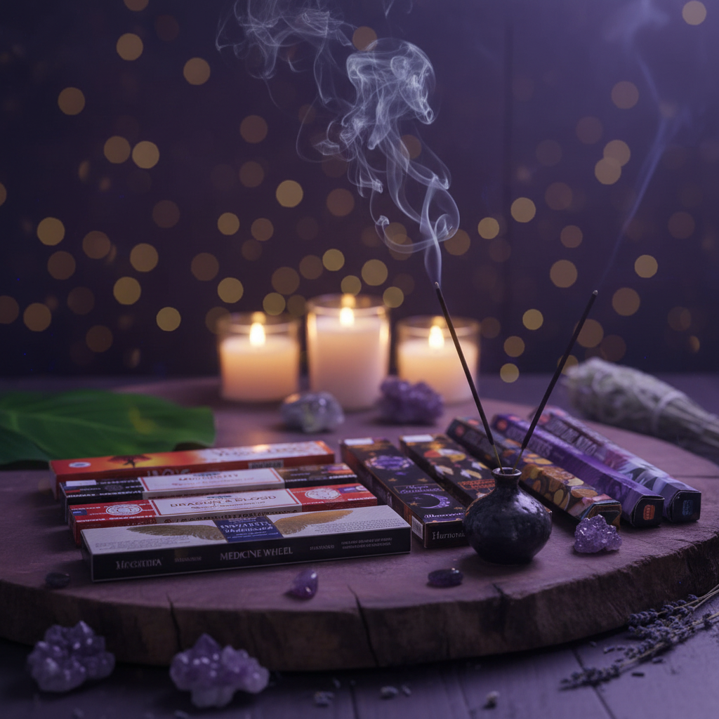 Anti-Stress and Prosperity Incense Variety Gift Package burning in a mystic setting with smoke rising.