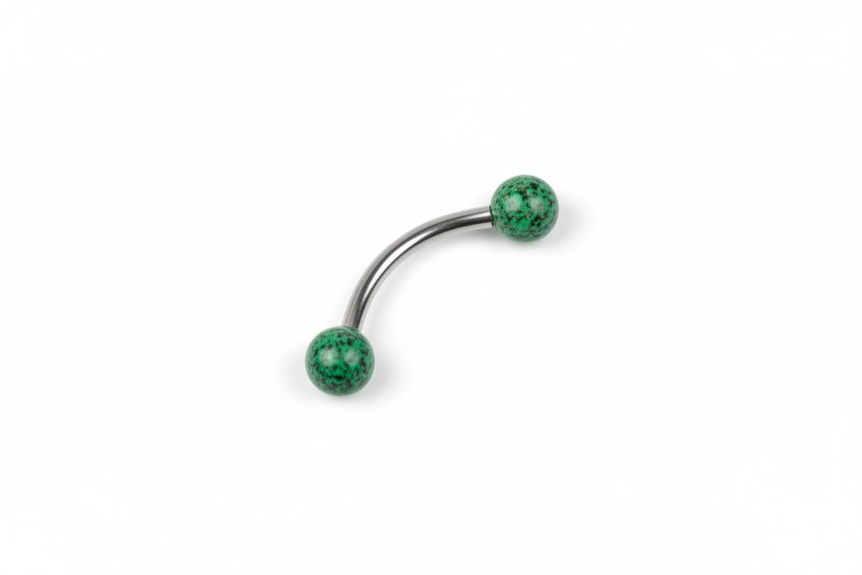 Green Black and Gold Speckled Acrylic Eyebrow Ring in 316l stainless steel close up detail.
