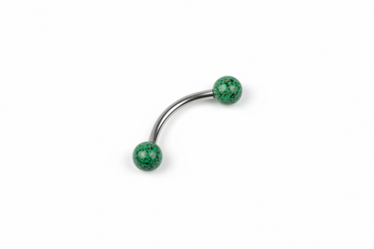 Green Black and Gold Speckled Acrylic Eyebrow Ring in 316l stainless steel close up detail.