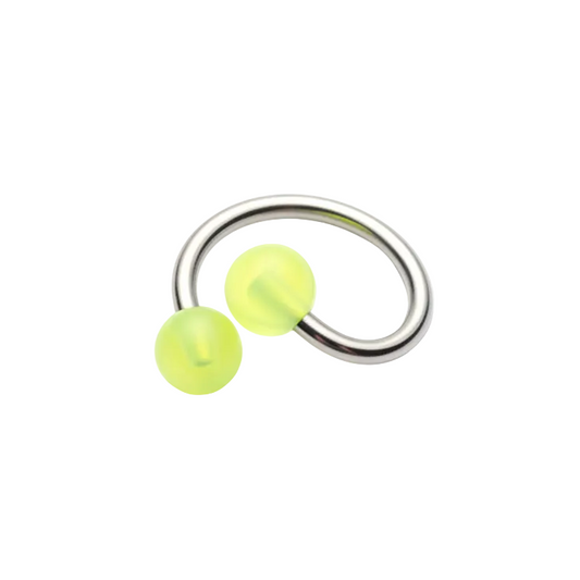 Yellow Glow Acrylic Curled Barbell- 316L Stainless Steel close up detail.