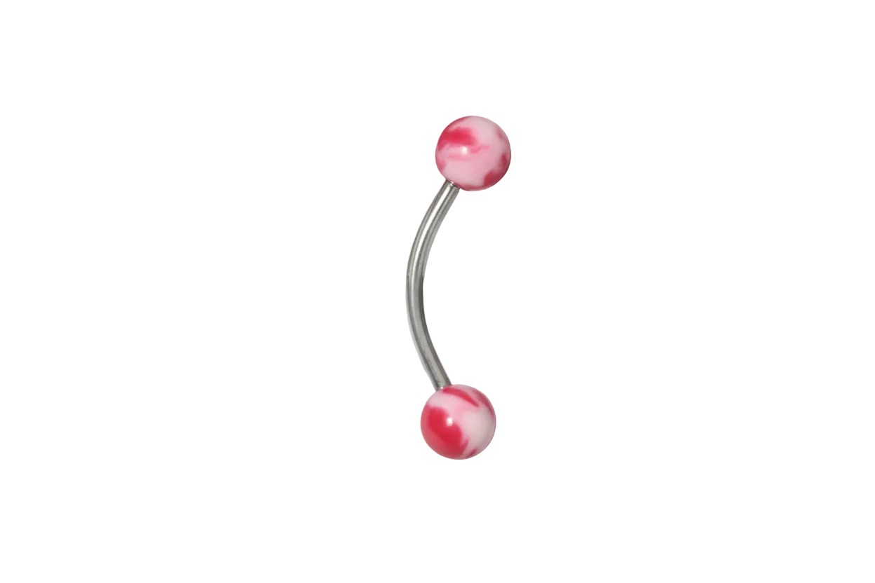 Red and White Acrylic Ball Eyebrow Ring in 316l stainless steel close up detail.