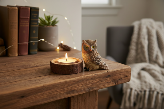 Brown Owl Wooden Stump Resin Tea Light Candle Holder on a fireplace mantle with the candle lit showing a warm glow.