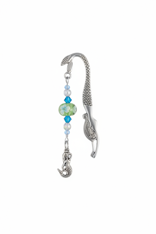 Nautical Handmade Beaded Mermaid Pewter Bookmark - One of a Kind on a white background showing charm detail.