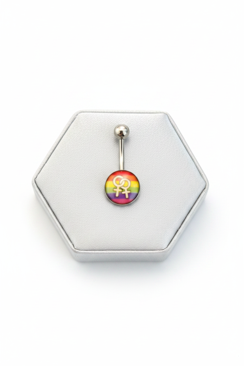 Rainbow Venus Belly Button Ring in 316l stainless steel on a silver jewelry display.