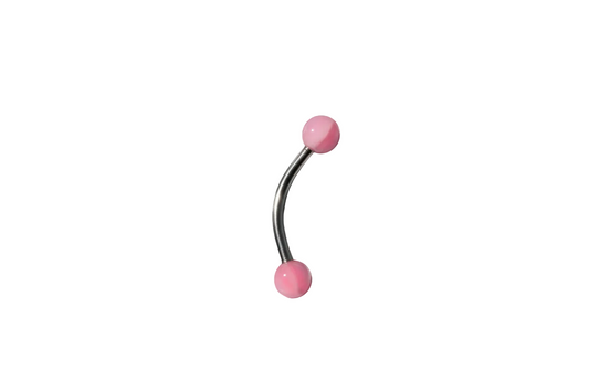 Pink and White Acrylic Eyebrow Ring in 316l stainless steel close up detail.