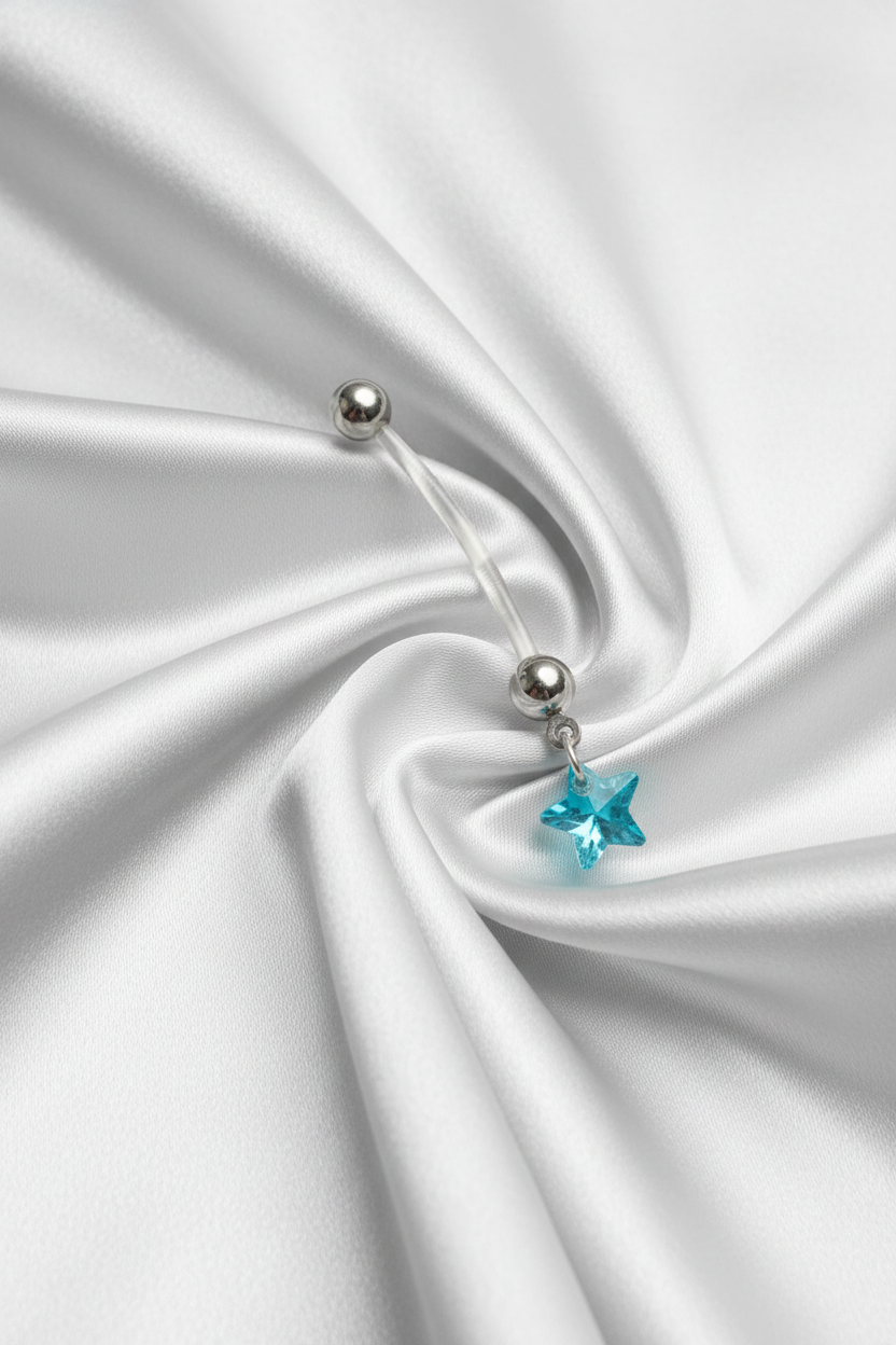 Aqua Crystal Star Acrylic Pregnancy Belly Button Ring in 316l stainless steel.