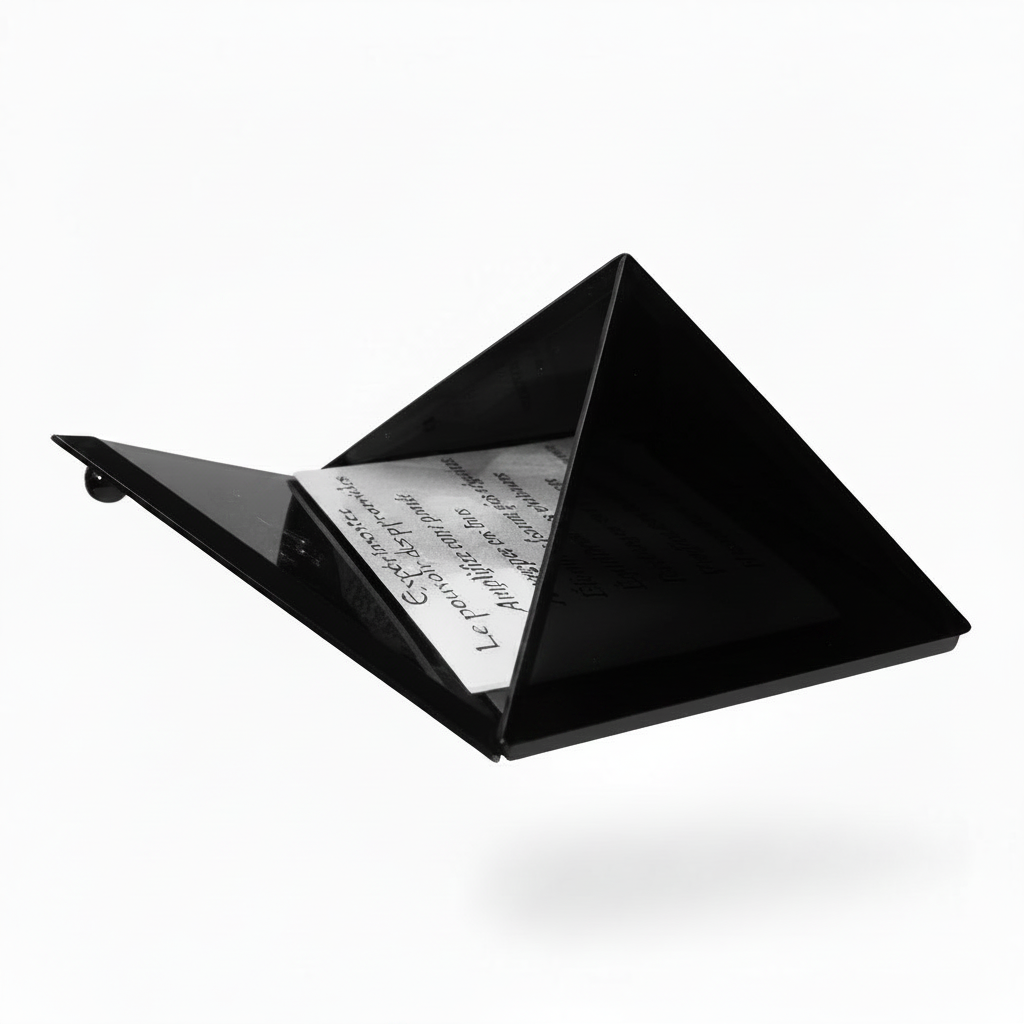 Solid black mini glass pyramid keepsake box with mirrored base open on a white background side profile.