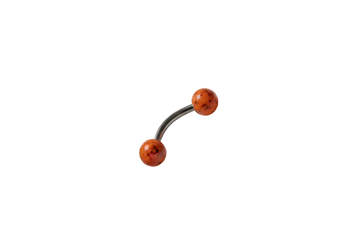 Orange Black Speckled Acrylic Eyebrow Ring in 316l stainless steel angled right.