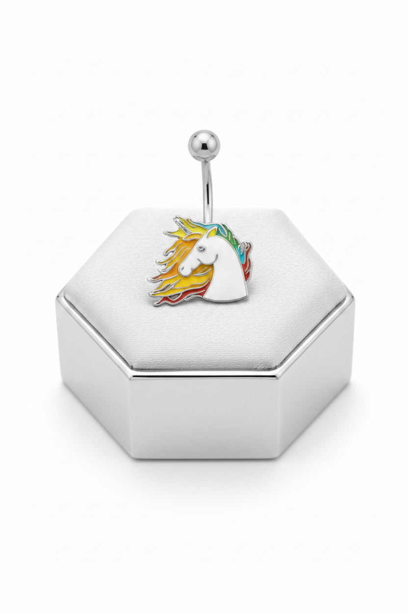 Horse Belly Button Ring / Enamel Horse Head in 316l stainless steel on a silver jewelry display upright angle.