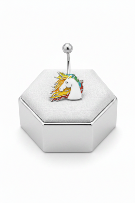 Horse Belly Button Ring / Enamel Horse Head in 316l stainless steel on a silver jewelry display upright angle.