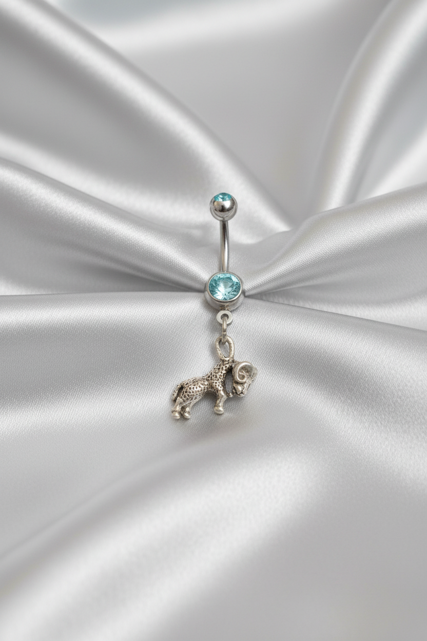 Aqua Crystal Aries Ram Belly Button Ring - 316L Stainless Steel.