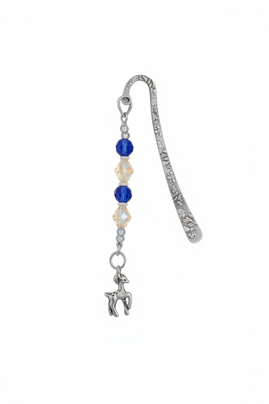 Stag of the Forest Handmade Beaded Silver Plated Bookmark - One of a Kind on a white background showing charm detail.