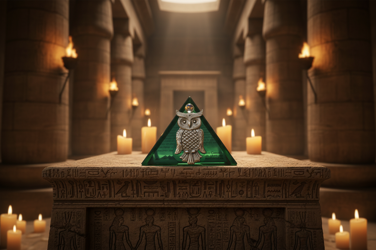 Green Owl Mini Glass Pyramid Keepsake Box on an Egyptian altar.