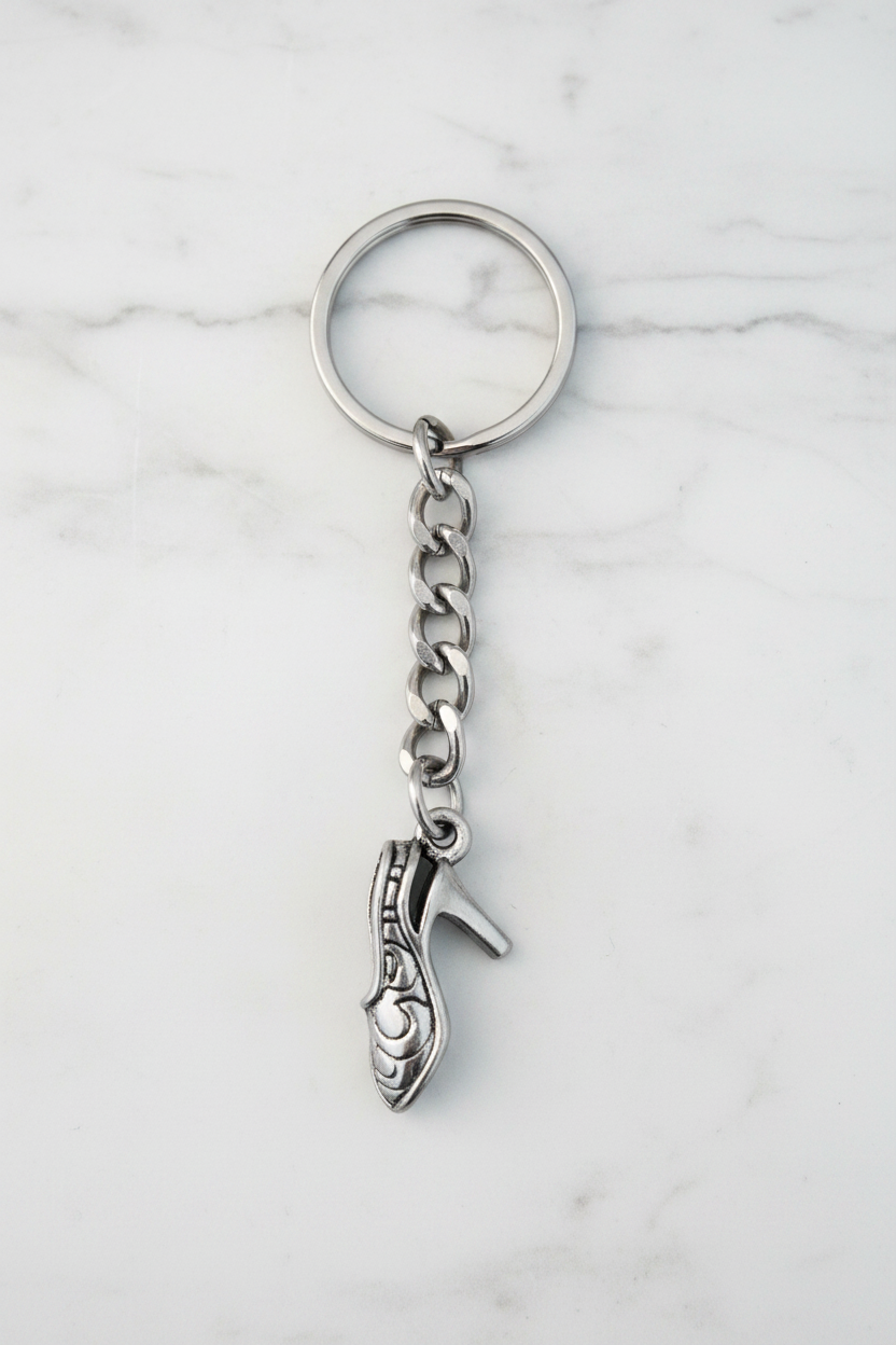 High Heel Shoe Handmade Silver Plated Charm Keychain on a white marble surface.