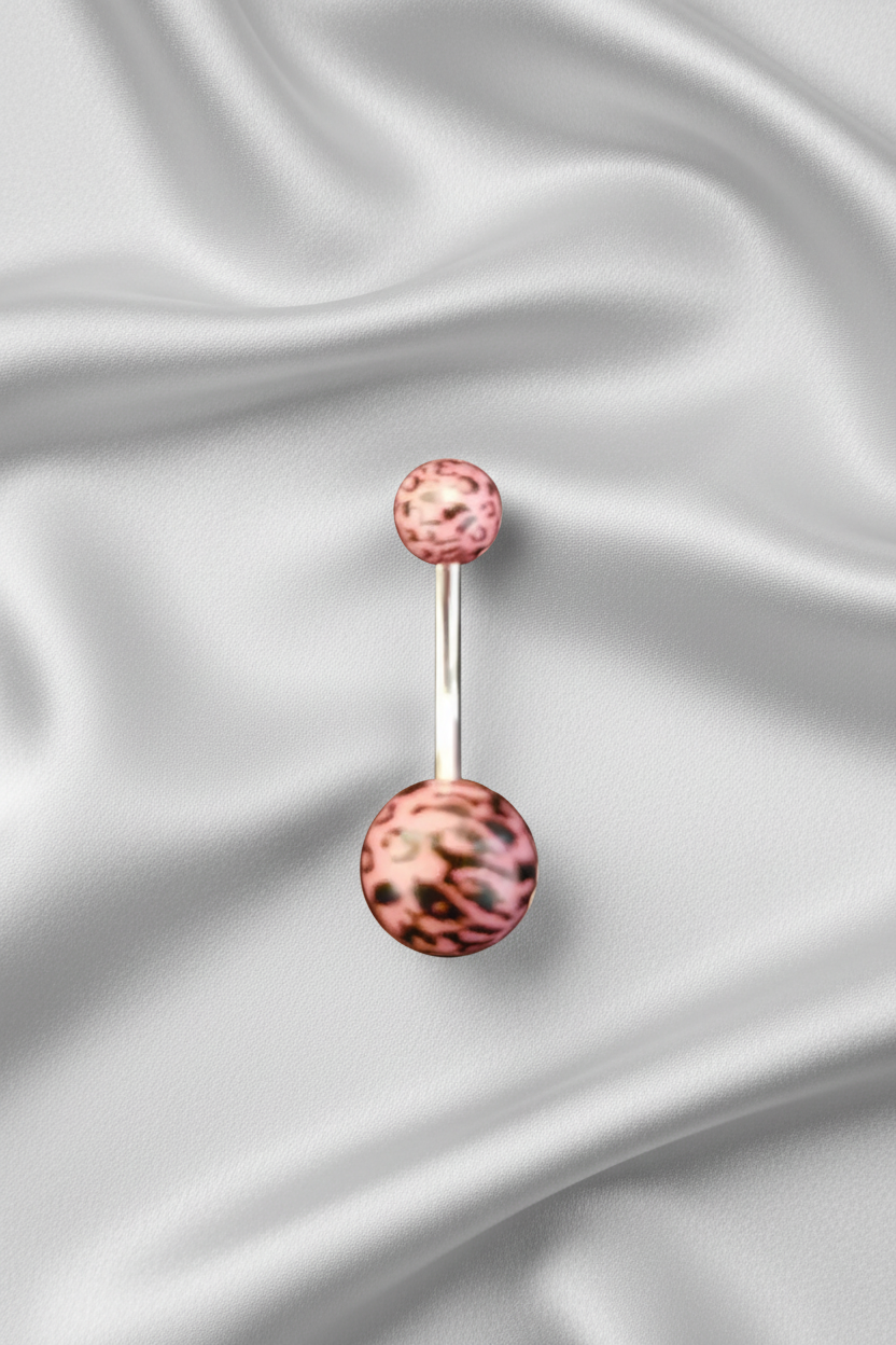 Pink Leopard Print Acrylic belly button ring in  316l stainless steel