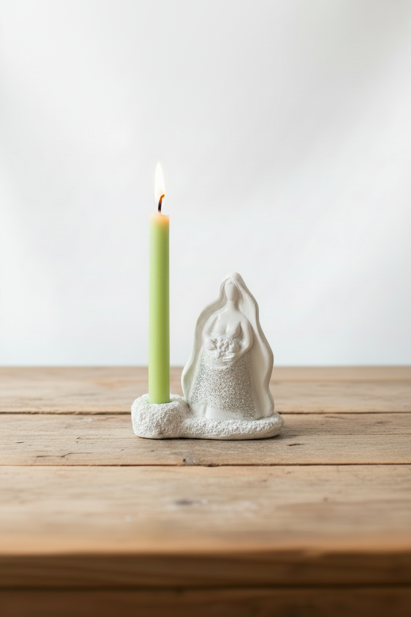 Mother Earth Goddess Terra Cotta Mini Figurine and Candle Holder - Altar & Sacred Space on wooden table with a white background with candle burning showing a warm glow.