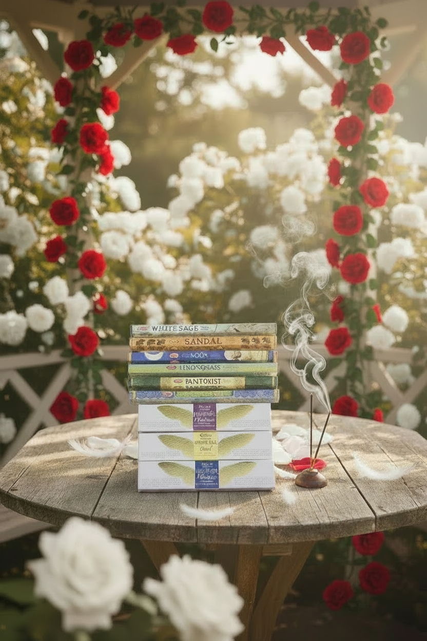Angelic Forces Incense Variety Gift Package on a wooden table in a rose garden gazebo with incense burning and smoke rising.