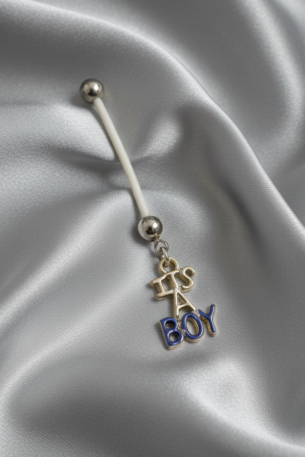 Blue "It's a Boy!" Acrylic Pregnancy Belly Button Ring in 316l stainless steel angled left.