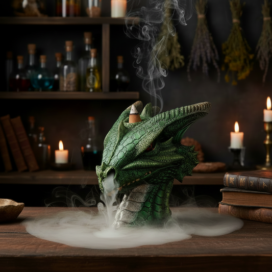 Green Medieval Dragon Head Back Flow Resin Incense Holder - Free Incense on the counter in a mystic kitchen with incense burning and smoke cascading downwards.