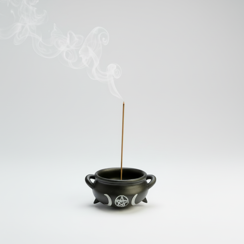 Witch's Black Cauldron Resin Incense Burner on a white background with incense burning and smoke rising.
