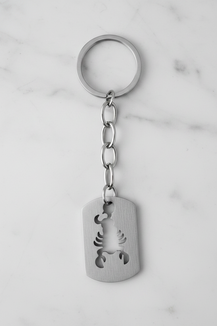 Lobster Tag Handmade 316L Stainless Steel Charm Keychain on a white marble surface.