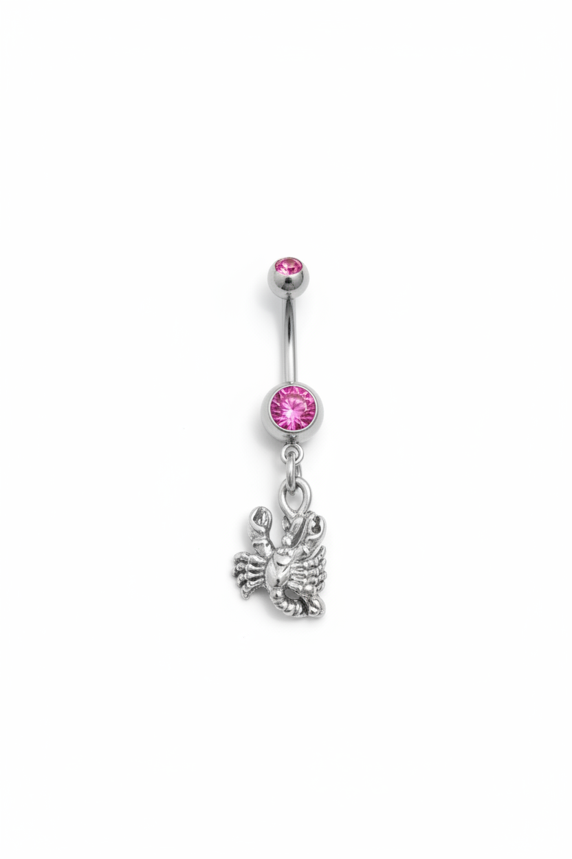 Pink Crystal Scorpio Belly Button Ring in 316l stainless steel close up detail.